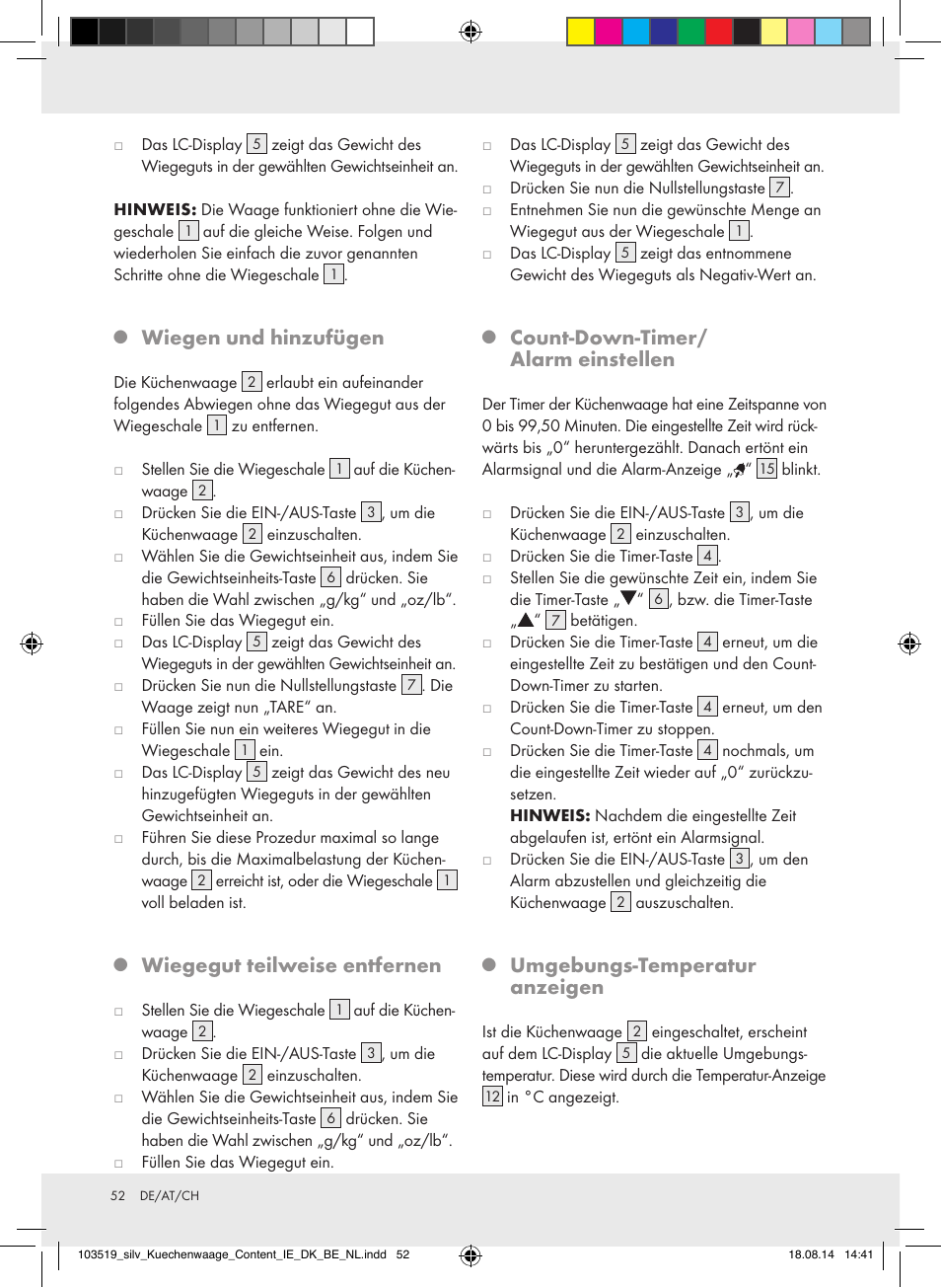 Wiegen und hinzufügen, Wiegegut teilweise entfernen, Count-down-timer/ alarm einstellen | Umgebungs-temperatur anzeigen | Silvercrest H14271A/H14271B/H14271C User Manual | Page 52 / 55