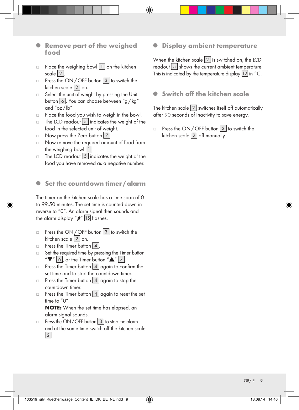 Remove part of the weighed food, Set the countdown timer / alarm, Display ambient temperature | Switch off the kitchen scale | Silvercrest H14271A/H14271B/H14271C User Manual | Page 9 / 55