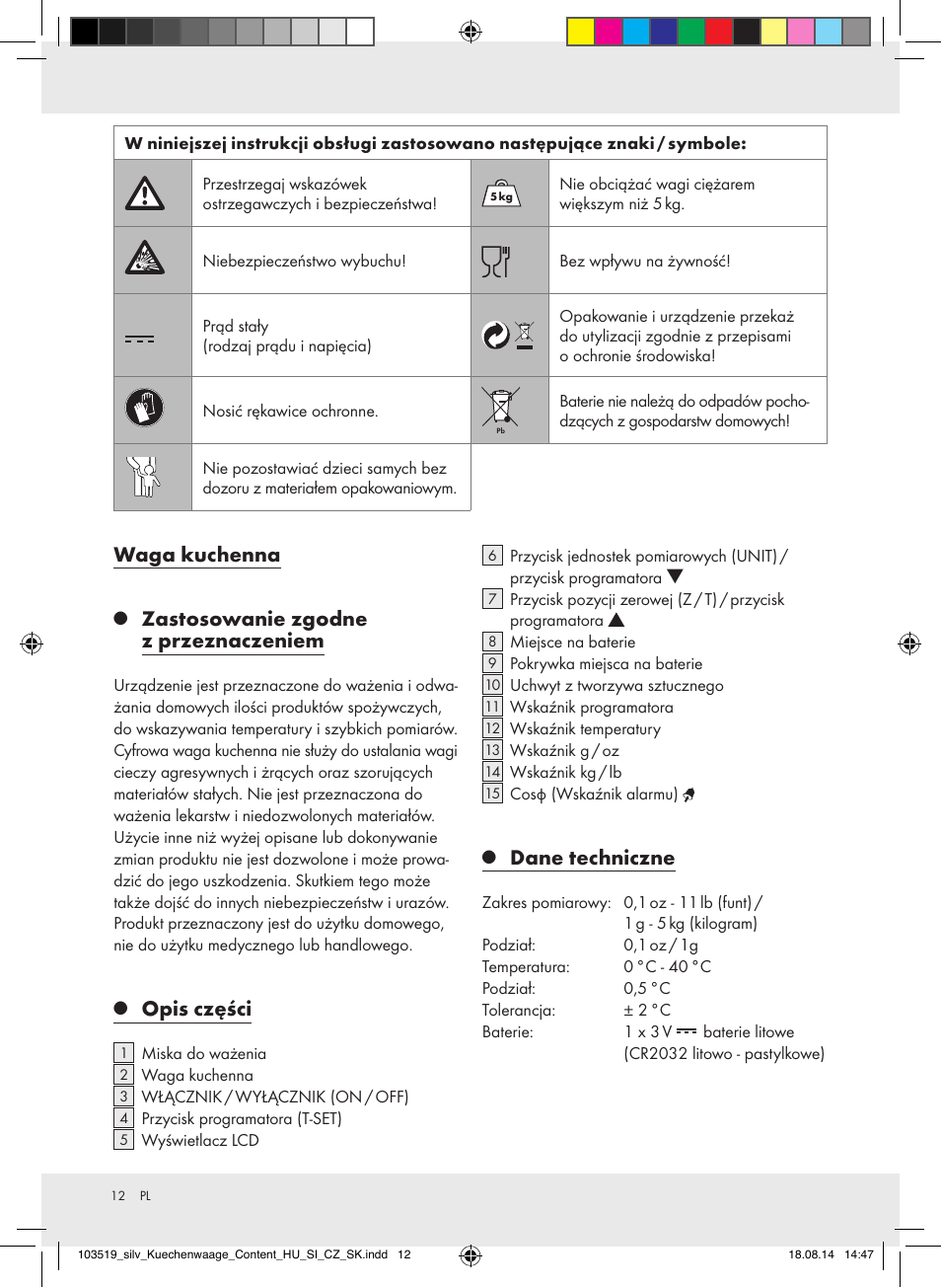 Waga kuchenna, Zastosowanie zgodne z przeznaczeniem, Opis części | Dane techniczne | Silvercrest H14271A/H14271B/H14271C User Manual | Page 12 / 56