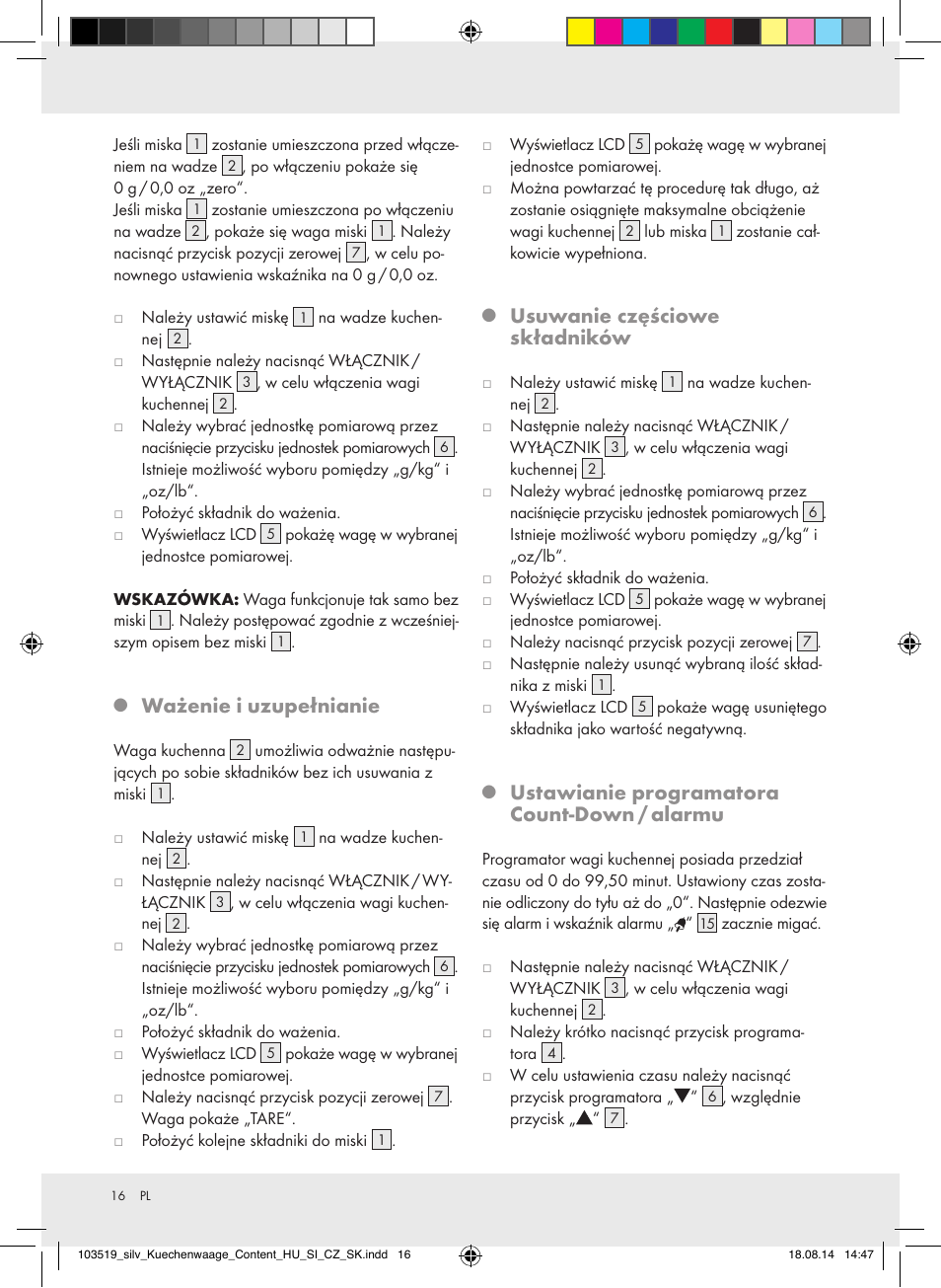 Ważenie i uzupełnianie, Usuwanie częściowe składników, Ustawianie programatora count-down / alarmu | Silvercrest H14271A/H14271B/H14271C User Manual | Page 16 / 56