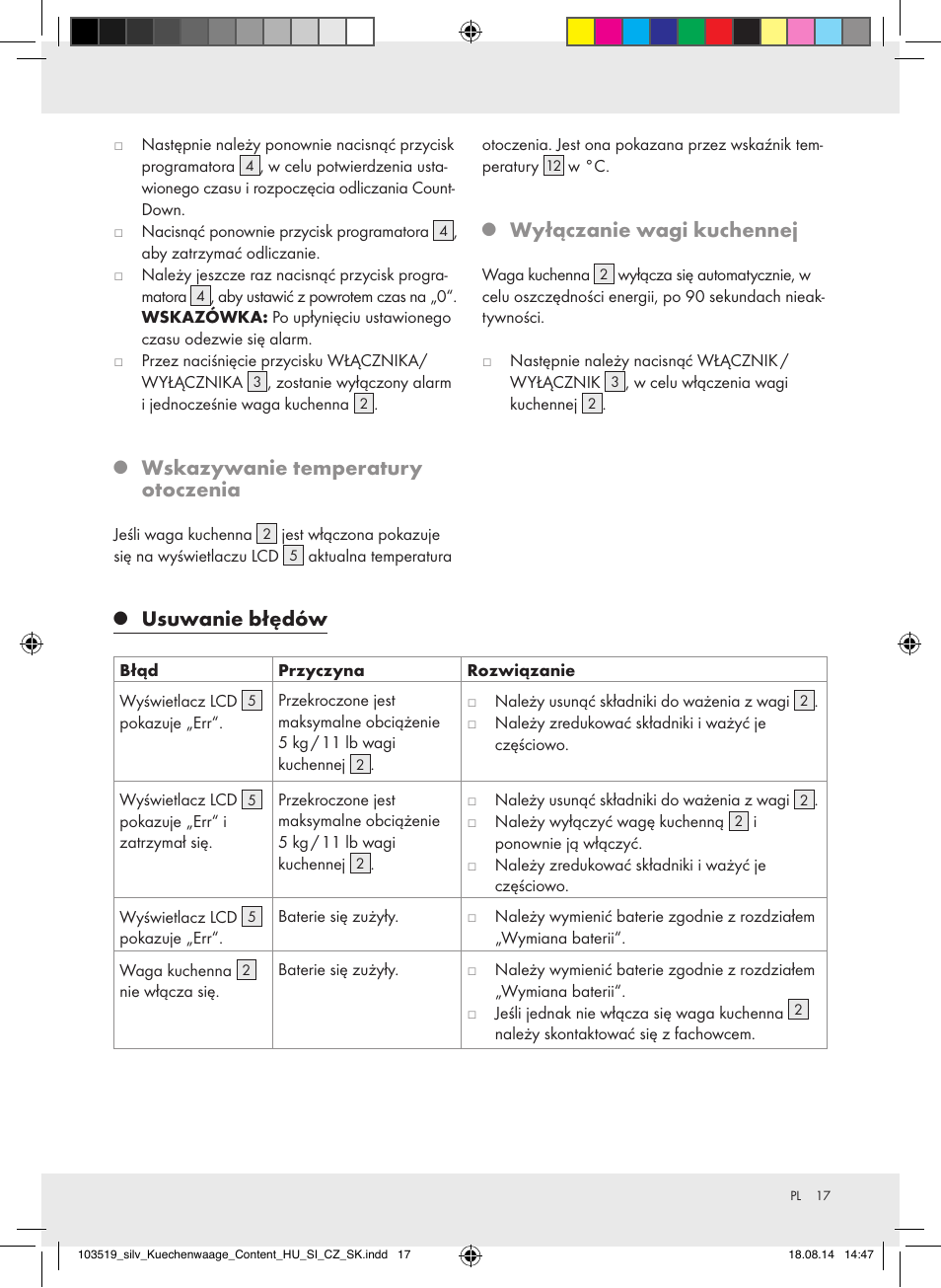 Wskazywanie temperatury otoczenia, Wyłączanie wagi kuchennej, Usuwanie błędów | Silvercrest H14271A/H14271B/H14271C User Manual | Page 17 / 56