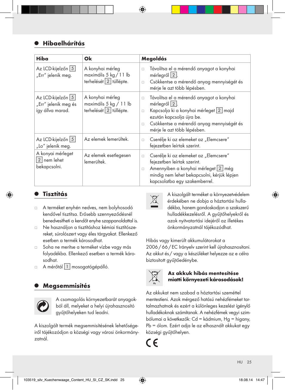 Hibaelhárítás, Tisztítás, Megsemmisítés | Silvercrest H14271A/H14271B/H14271C User Manual | Page 25 / 56