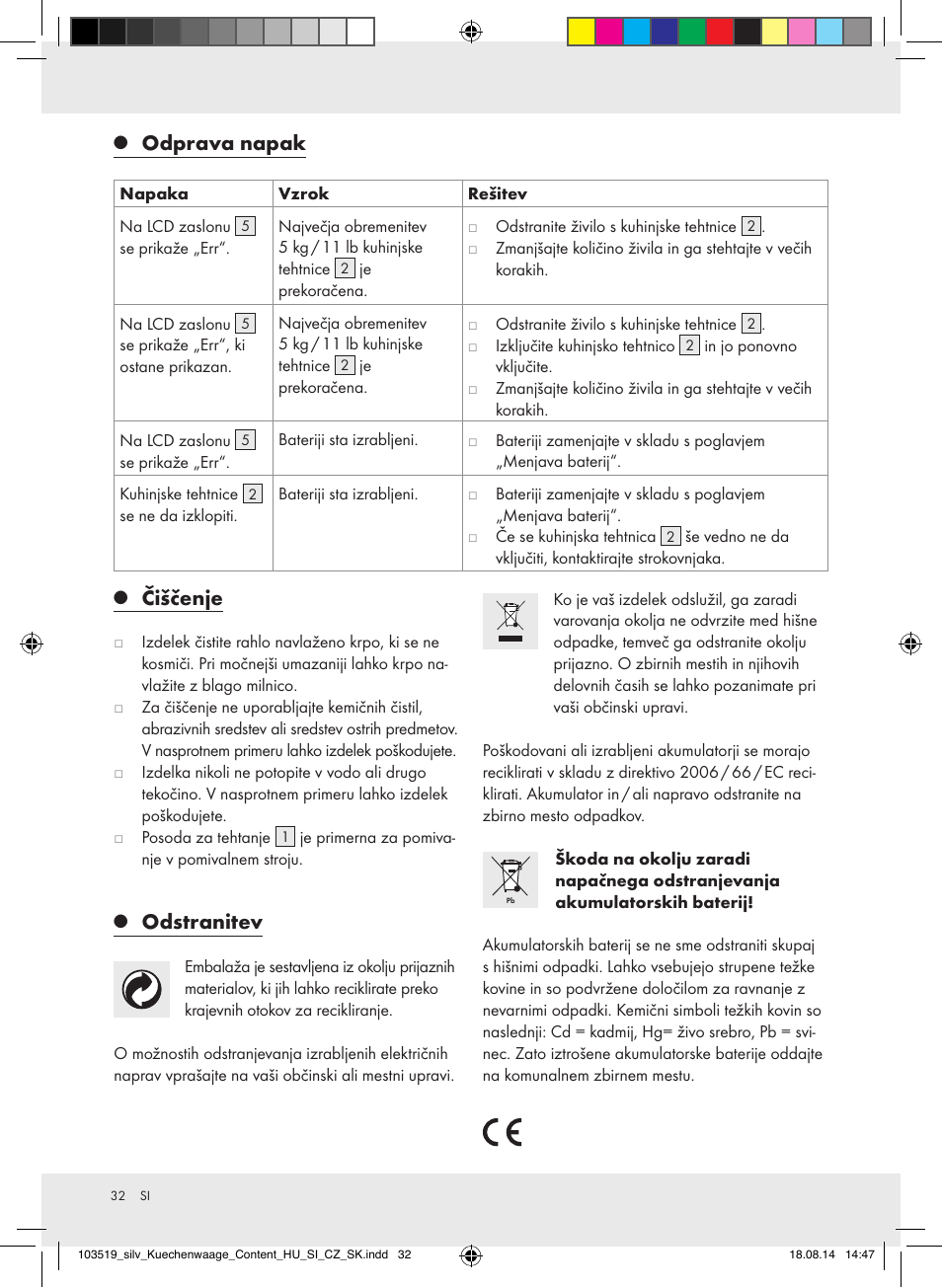 Čiščenje, Odstranitev, Odprava napak | Silvercrest H14271A/H14271B/H14271C User Manual | Page 32 / 56