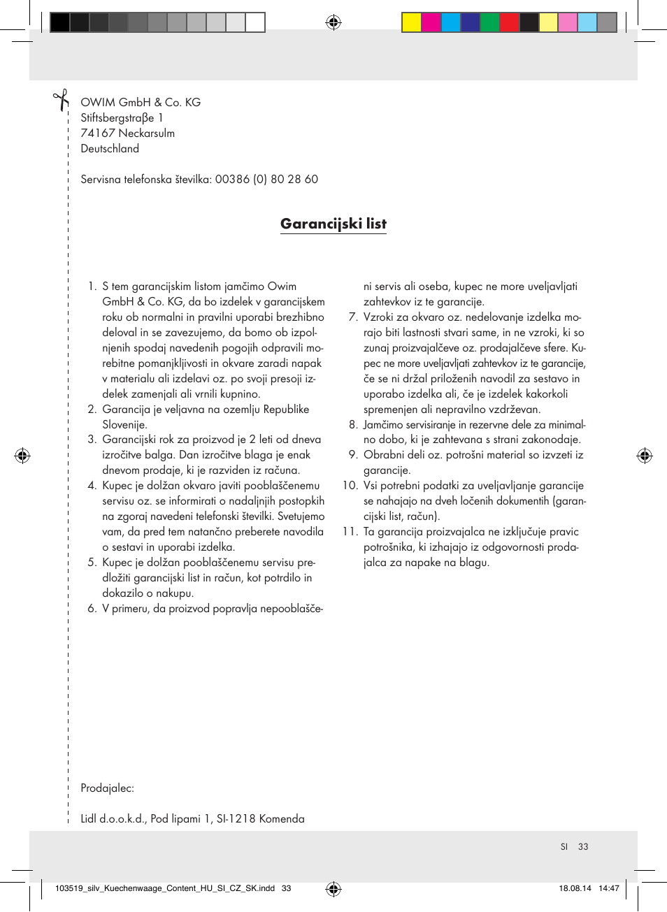 Garancijski list | Silvercrest H14271A/H14271B/H14271C User Manual | Page 33 / 56