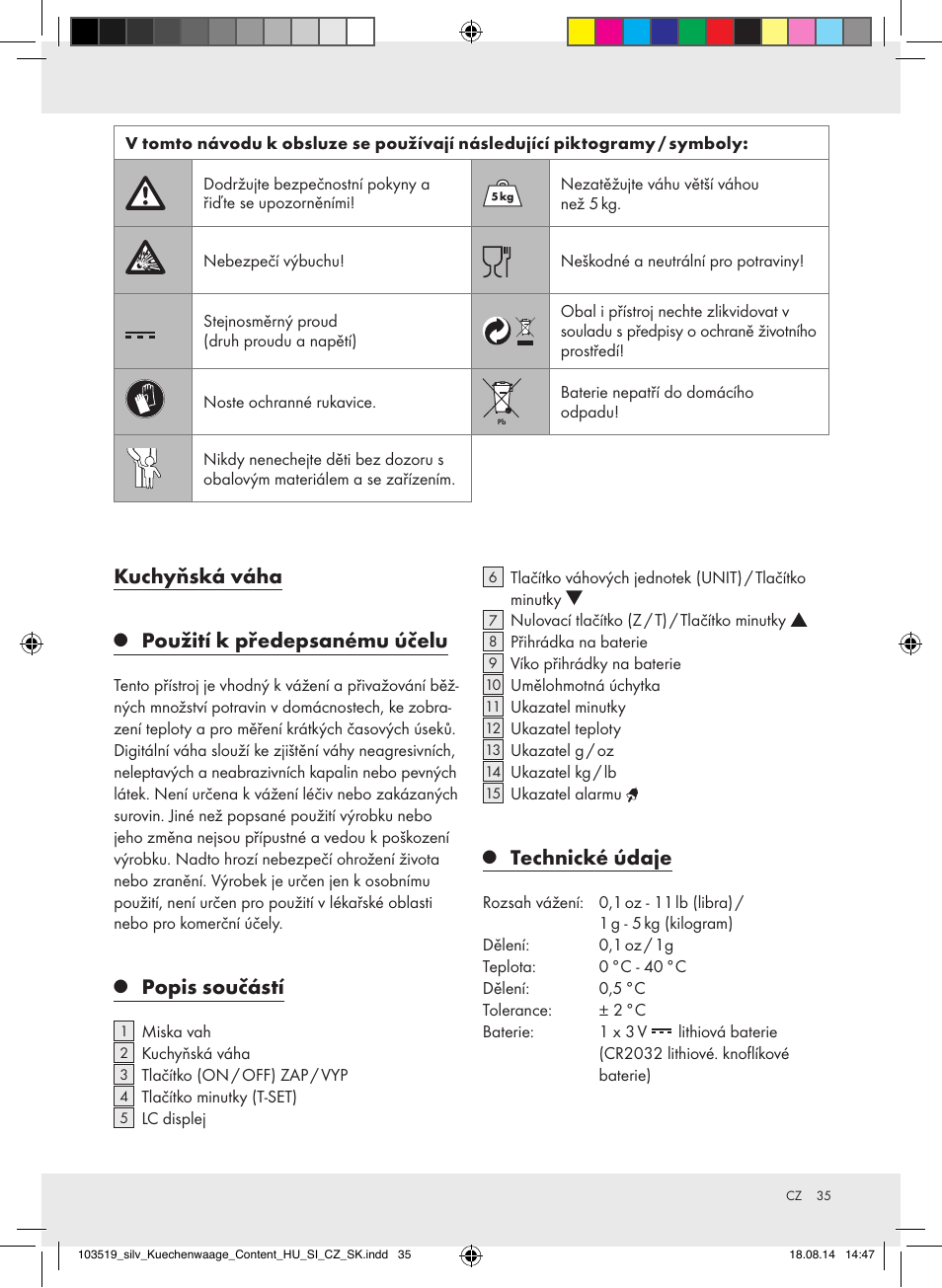 Kuchyňská váha, Použití k předepsanému účelu, Popis součástí | Technické údaje | Silvercrest H14271A/H14271B/H14271C User Manual | Page 35 / 56