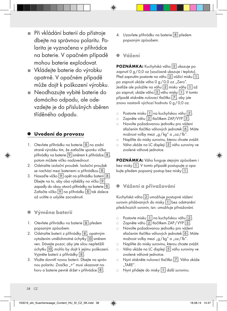 Uvedení do provozu, Výměna baterií, Vážení | Vážení a přivažování | Silvercrest H14271A/H14271B/H14271C User Manual | Page 38 / 56