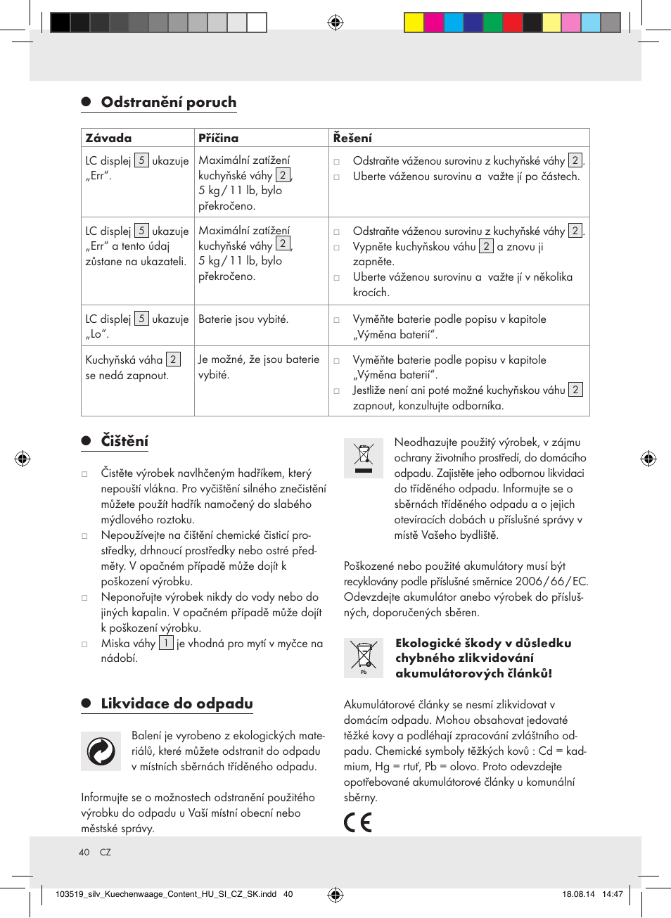 Odstranění poruch, Čištění, Likvidace do odpadu | Silvercrest H14271A/H14271B/H14271C User Manual | Page 40 / 56