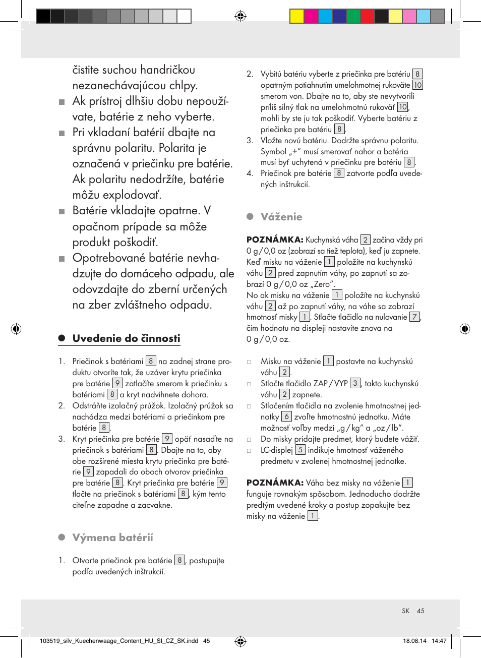 Uvedenie do činnosti, Výmena batérií, Váženie | Silvercrest H14271A/H14271B/H14271C User Manual | Page 45 / 56