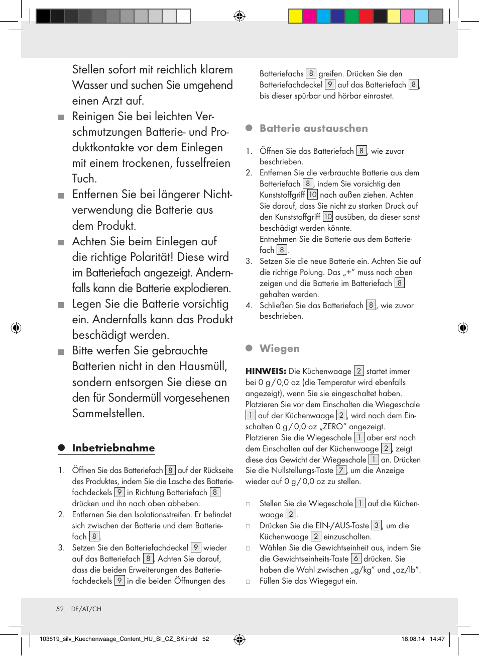 Inbetriebnahme, Batterie austauschen, Wiegen | Silvercrest H14271A/H14271B/H14271C User Manual | Page 52 / 56