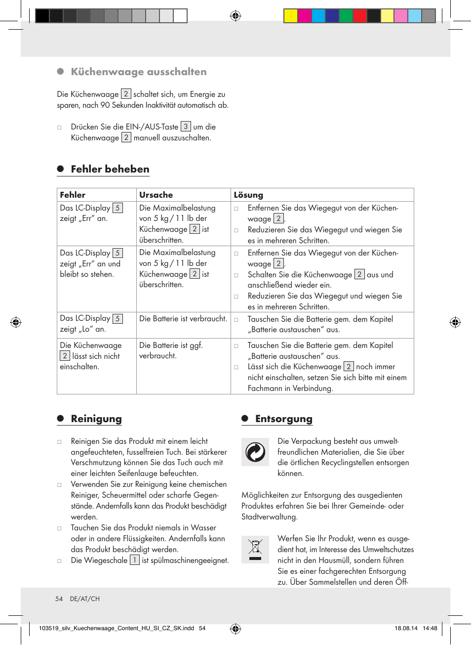 Reinigung, Entsorgung, Fehler beheben | Küchenwaage ausschalten | Silvercrest H14271A/H14271B/H14271C User Manual | Page 54 / 56