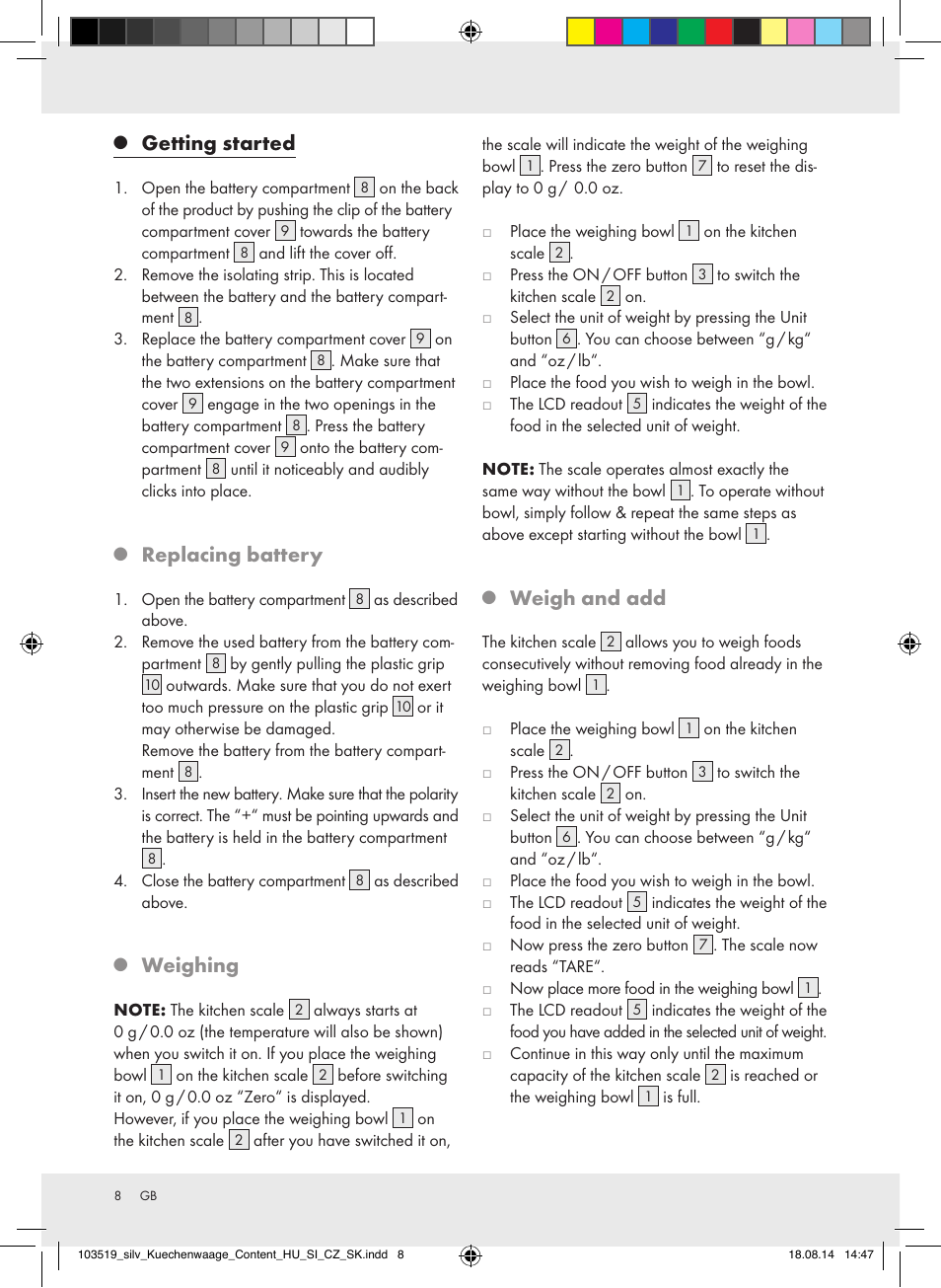 Getting started, Replacing battery, Weighing | Weigh and add | Silvercrest H14271A/H14271B/H14271C User Manual | Page 8 / 56