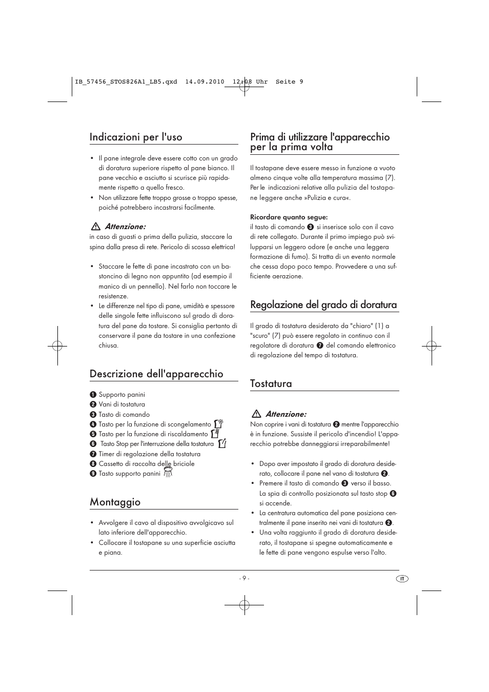 Indicazioni per l'uso, Descrizione dell'apparecchio, Montaggio | Regolazione del grado di doratura, Tostatura, Attenzione | Silvercrest STOS 826 A1 User Manual | Page 11 / 32