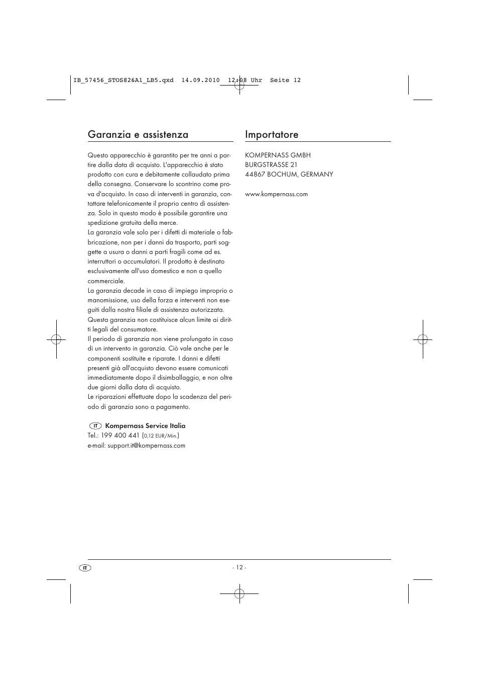 Garanzia e assistenza, Importatore | Silvercrest STOS 826 A1 User Manual | Page 14 / 32