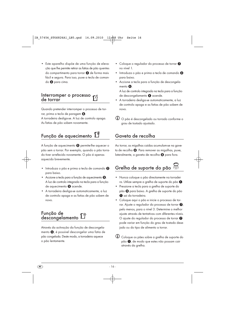 Interromper o processo de torrar, Função de aquecimento, Função de descongelamento | Gaveta de recolha, Grelha de suporte do pão | Silvercrest STOS 826 A1 User Manual | Page 18 / 32
