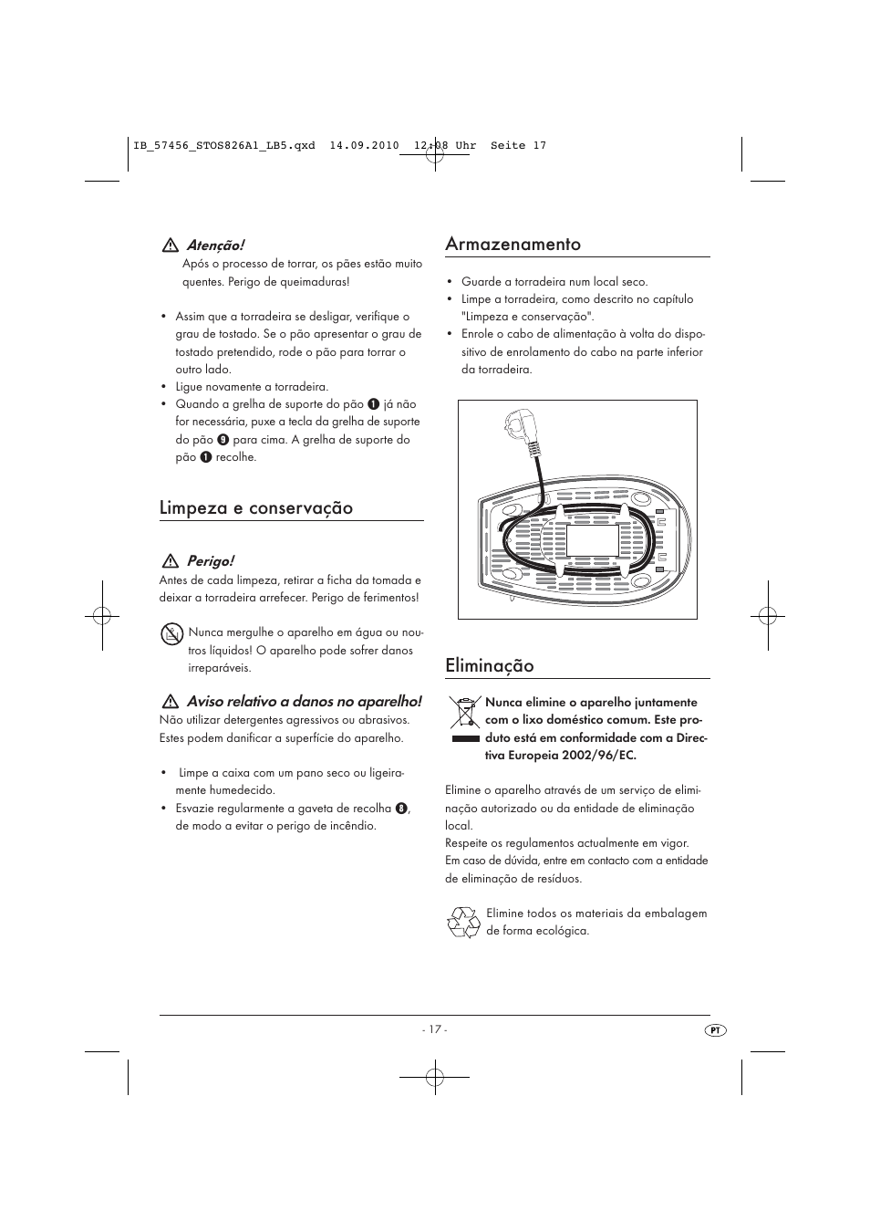 Limpeza e conservação, Armazenamento, Eliminação | Silvercrest STOS 826 A1 User Manual | Page 19 / 32