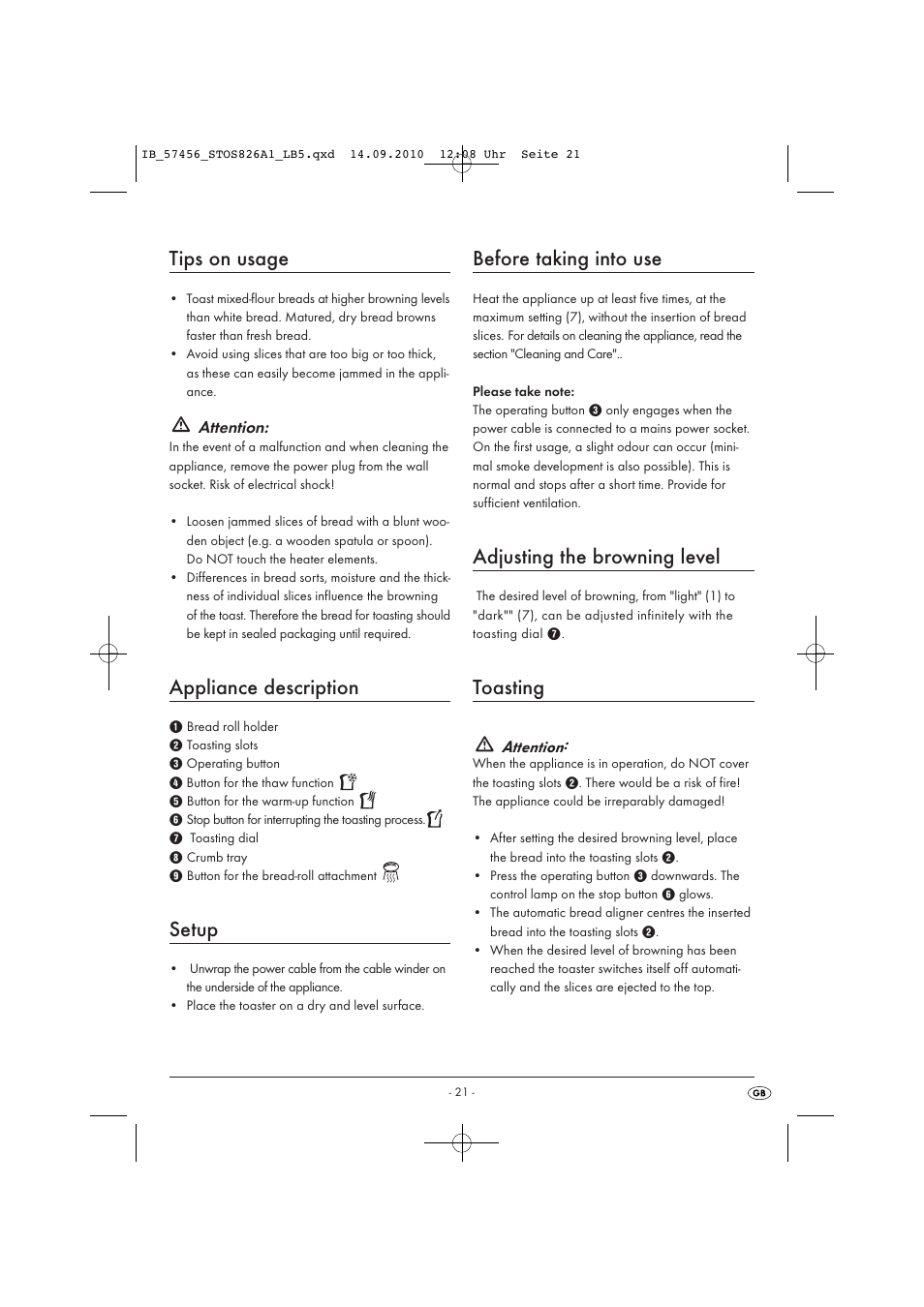 Tips on usage, Appliance description, Setup | Before taking into use, Adjusting the browning level, Toasting, Attention | Silvercrest STOS 826 A1 User Manual | Page 23 / 32