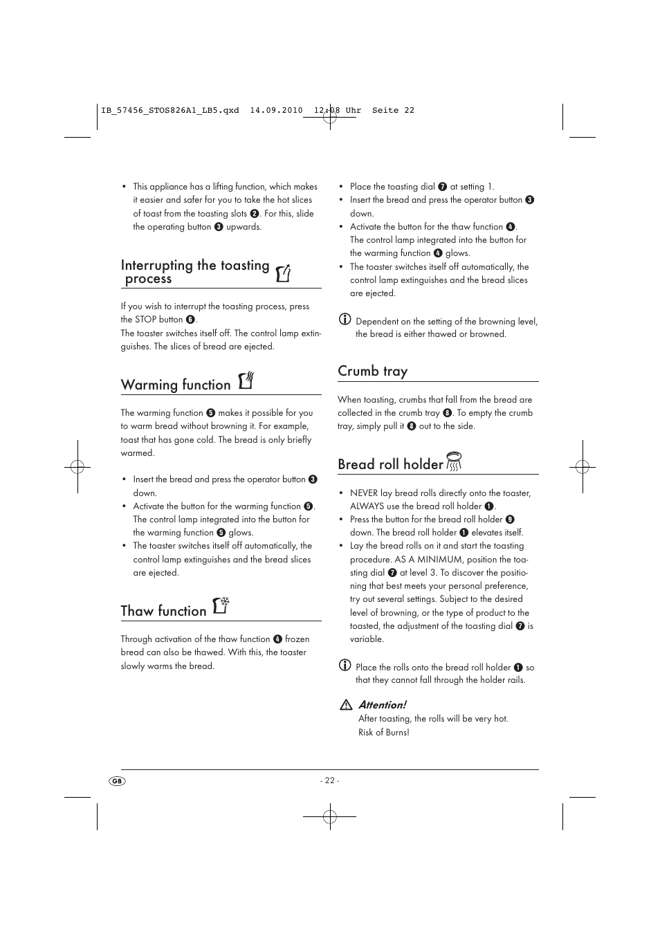 Interrupting the toasting process, Warming function, Thaw function | Crumb tray, Bread roll holder | Silvercrest STOS 826 A1 User Manual | Page 24 / 32