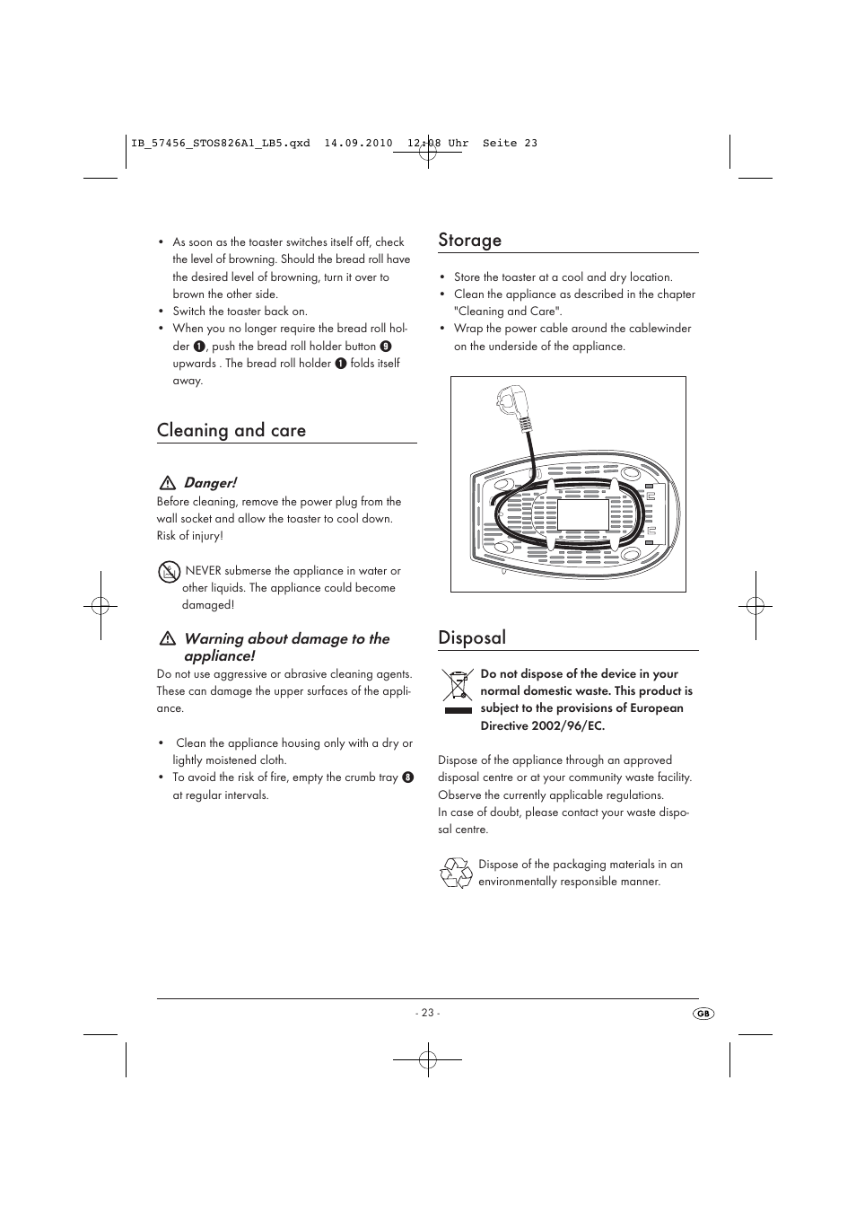 Cleaning and care, Storage, Disposal | Danger, Warning about damage to the appliance | Silvercrest STOS 826 A1 User Manual | Page 25 / 32