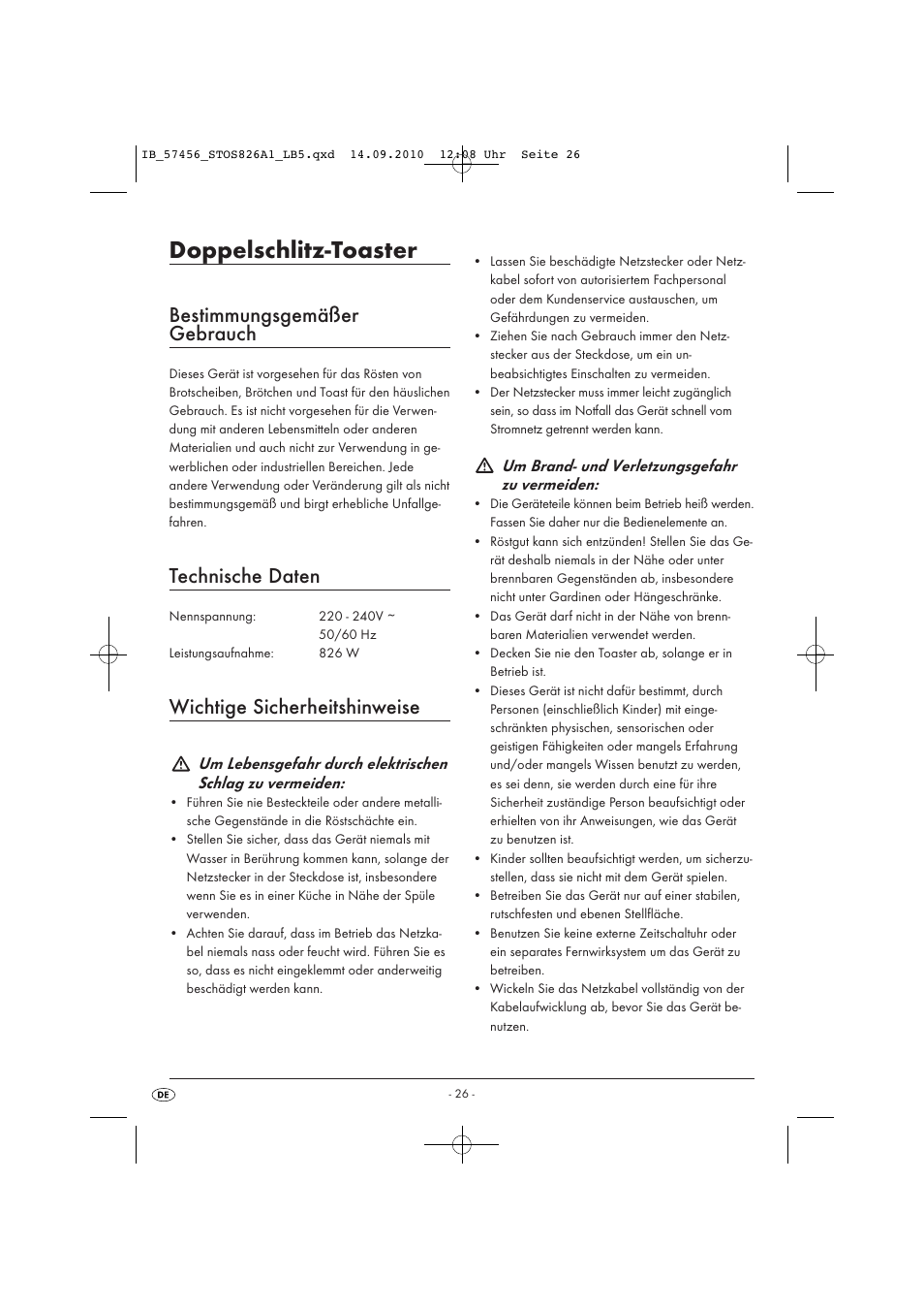 Doppelschlitz-toaster, Bestimmungsgemäßer gebrauch, Technische daten | Wichtige sicherheitshinweise, Um brand- und verletzungsgefahr zu vermeiden | Silvercrest STOS 826 A1 User Manual | Page 28 / 32