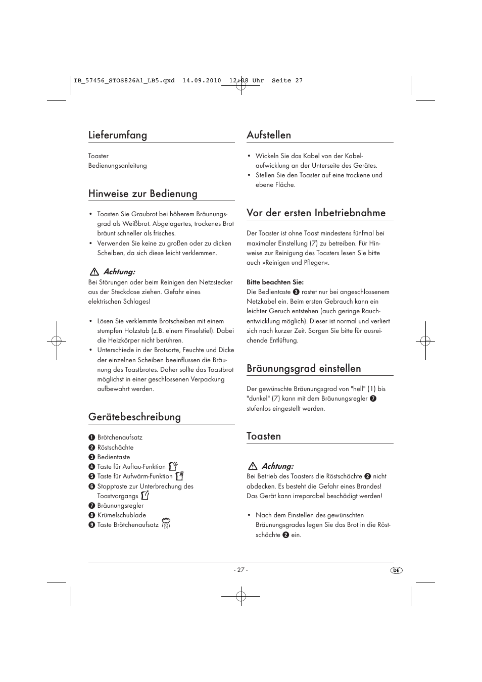Lieferumfang, Hinweise zur bedienung, Gerätebeschreibung | Aufstellen, Vor der ersten inbetriebnahme, Bräunungsgrad einstellen, Toasten | Silvercrest STOS 826 A1 User Manual | Page 29 / 32