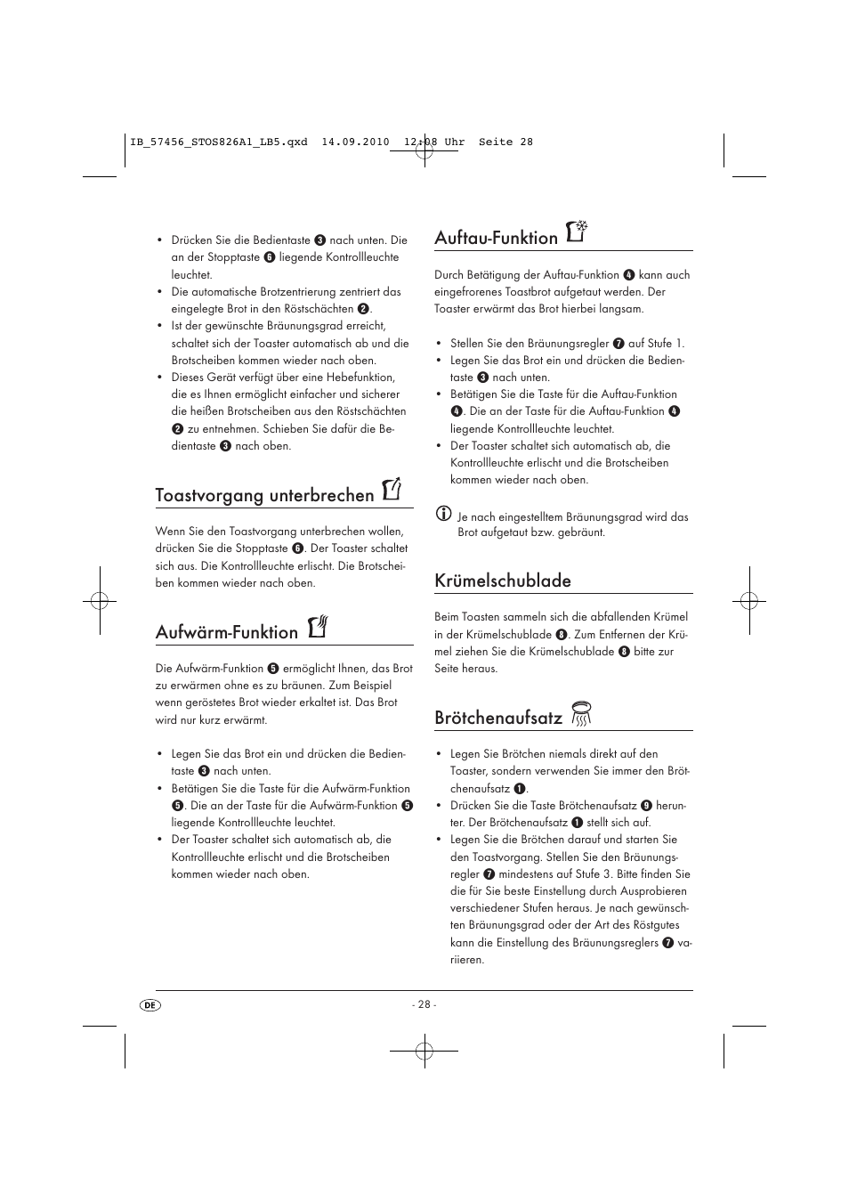 Toastvorgang unterbrechen, Aufwärm-funktion, Auftau-funktion | Krümelschublade, Brötchenaufsatz | Silvercrest STOS 826 A1 User Manual | Page 30 / 32