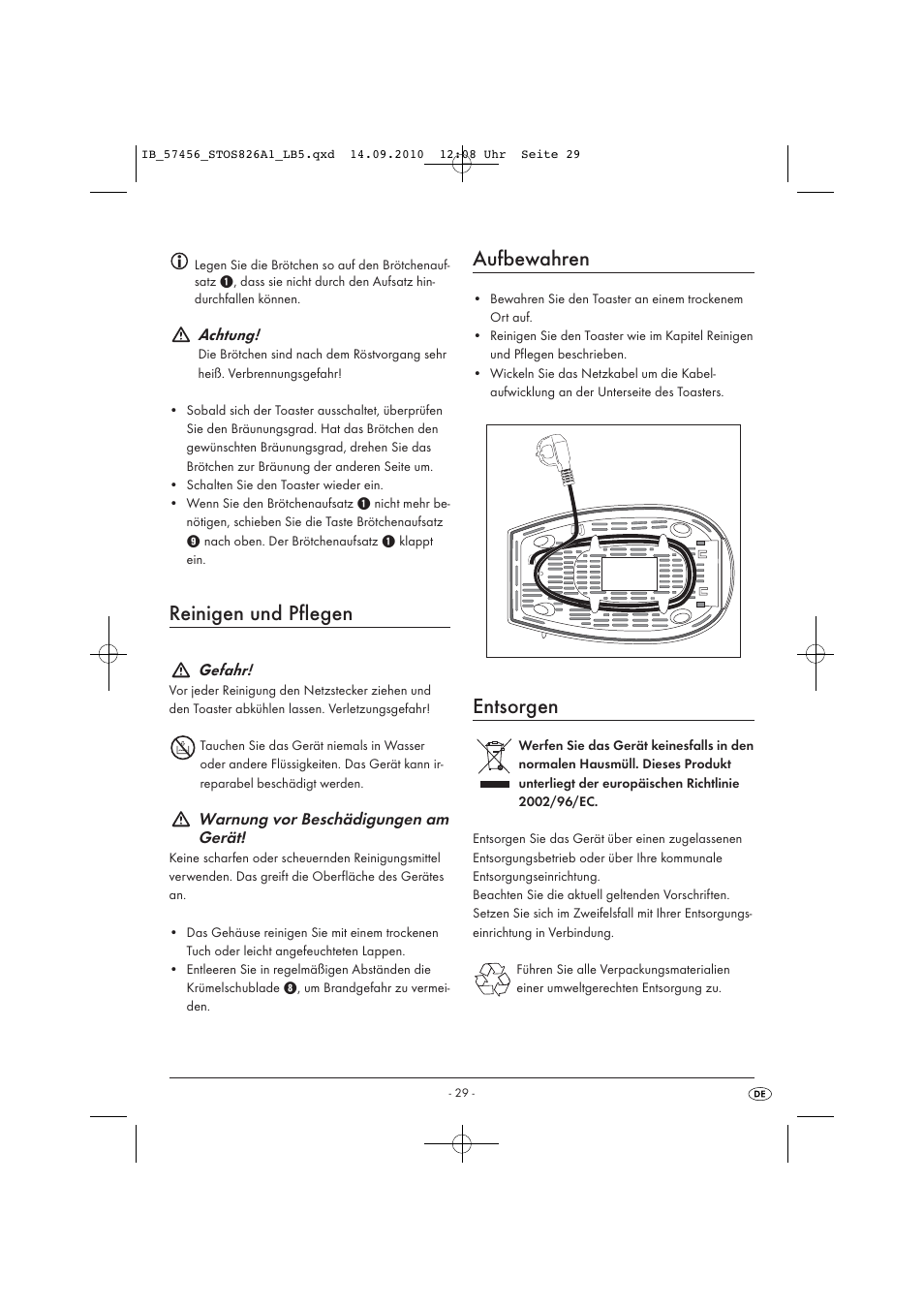 Reinigen und pflegen, Aufbewahren, Entsorgen | Achtung, Gefahr, Warnung vor beschädigungen am gerät | Silvercrest STOS 826 A1 User Manual | Page 31 / 32