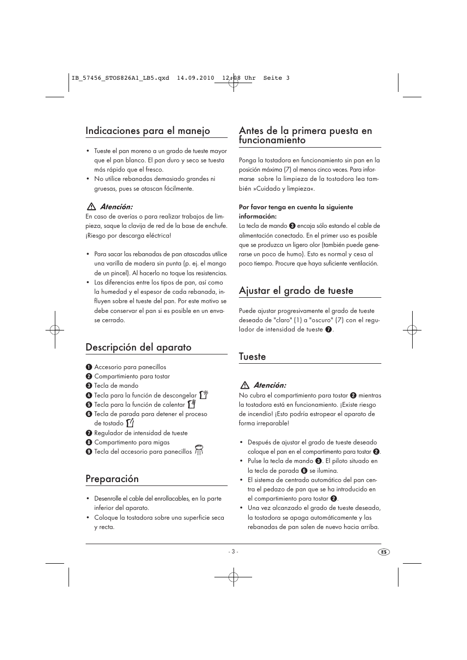 Indicaciones para el manejo, Descripción del aparato, Preparación | Antes de la primera puesta en funcionamiento, Ajustar el grado de tueste, Tueste, Atención | Silvercrest STOS 826 A1 User Manual | Page 5 / 32