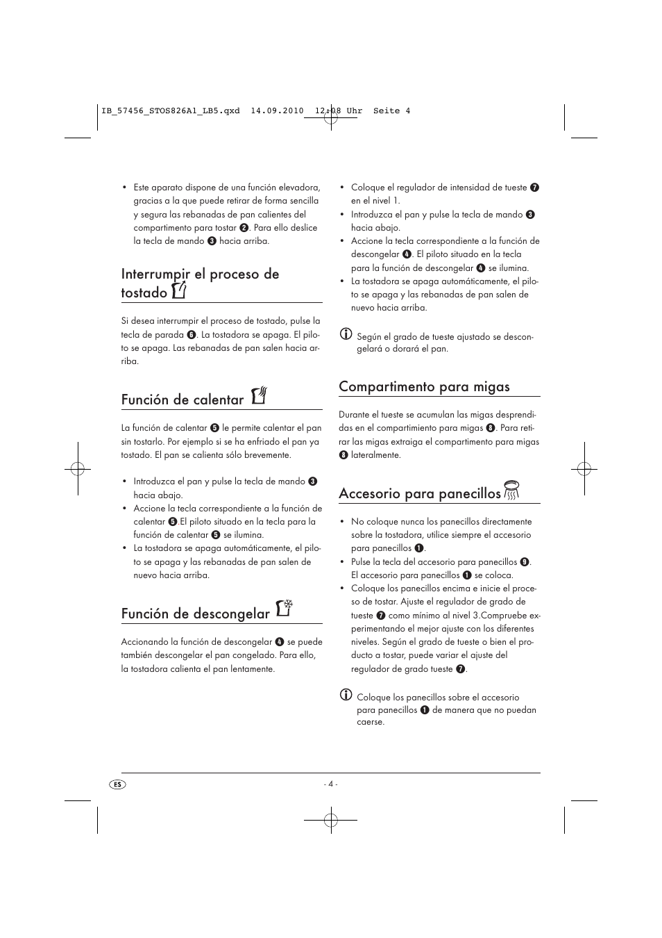 Interrumpir el proceso de tostado, Función de calentar, Función de descongelar | Compartimento para migas, Accesorio para panecillos | Silvercrest STOS 826 A1 User Manual | Page 6 / 32