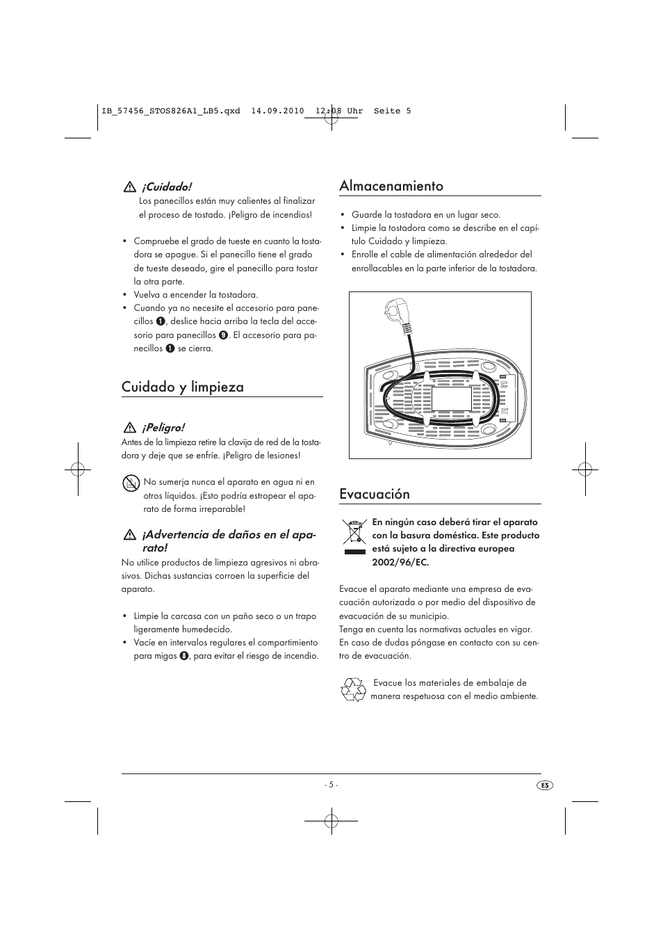 Cuidado y limpieza, Almacenamiento, Evacuación | Silvercrest STOS 826 A1 User Manual | Page 7 / 32