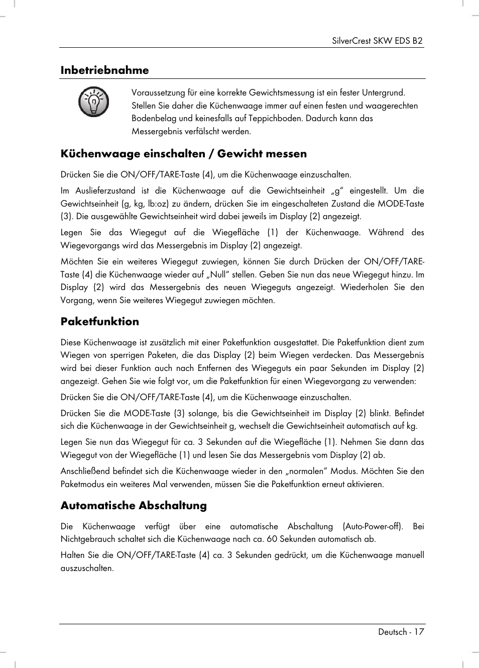 Inbetriebnahme, Küchenwaage einschalten / gewicht messen, Paketfunktion | Automatische abschaltung | Silvercrest SKW EDS B2 User Manual | Page 19 / 34
