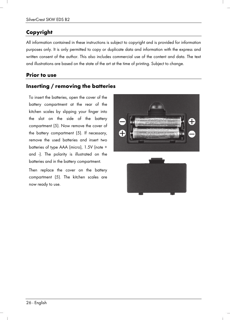 Copyright, Prior to use inserting / removing the batteries | Silvercrest SKW EDS B2 User Manual | Page 28 / 34