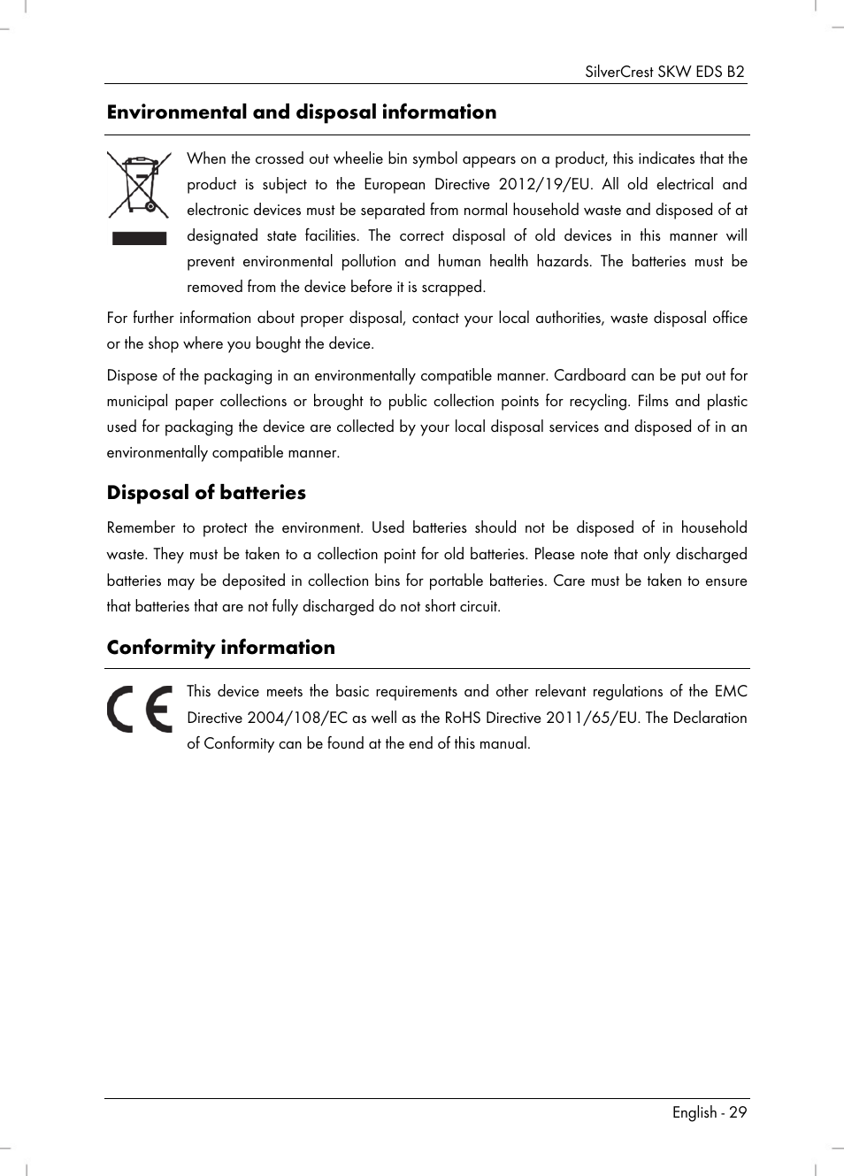 Environmental and disposal information, Disposal of batteries, Conformity information | Silvercrest SKW EDS B2 User Manual | Page 31 / 34