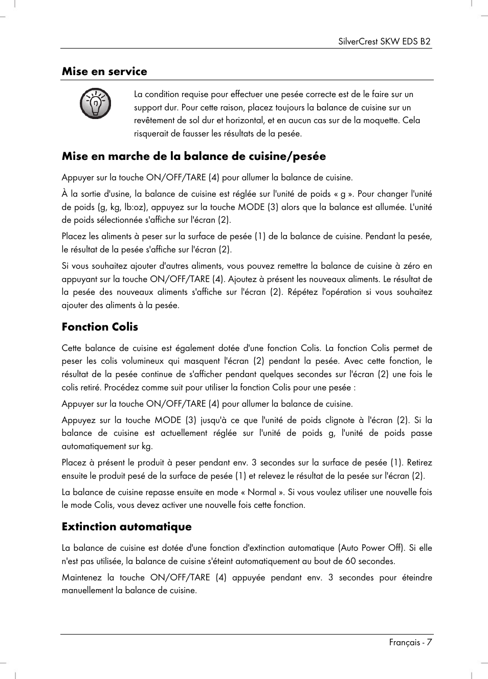 Mise en service, Mise en marche de la balance de cuisine/pesée, Fonction colis | Extinction automatique | Silvercrest SKW EDS B2 User Manual | Page 9 / 34