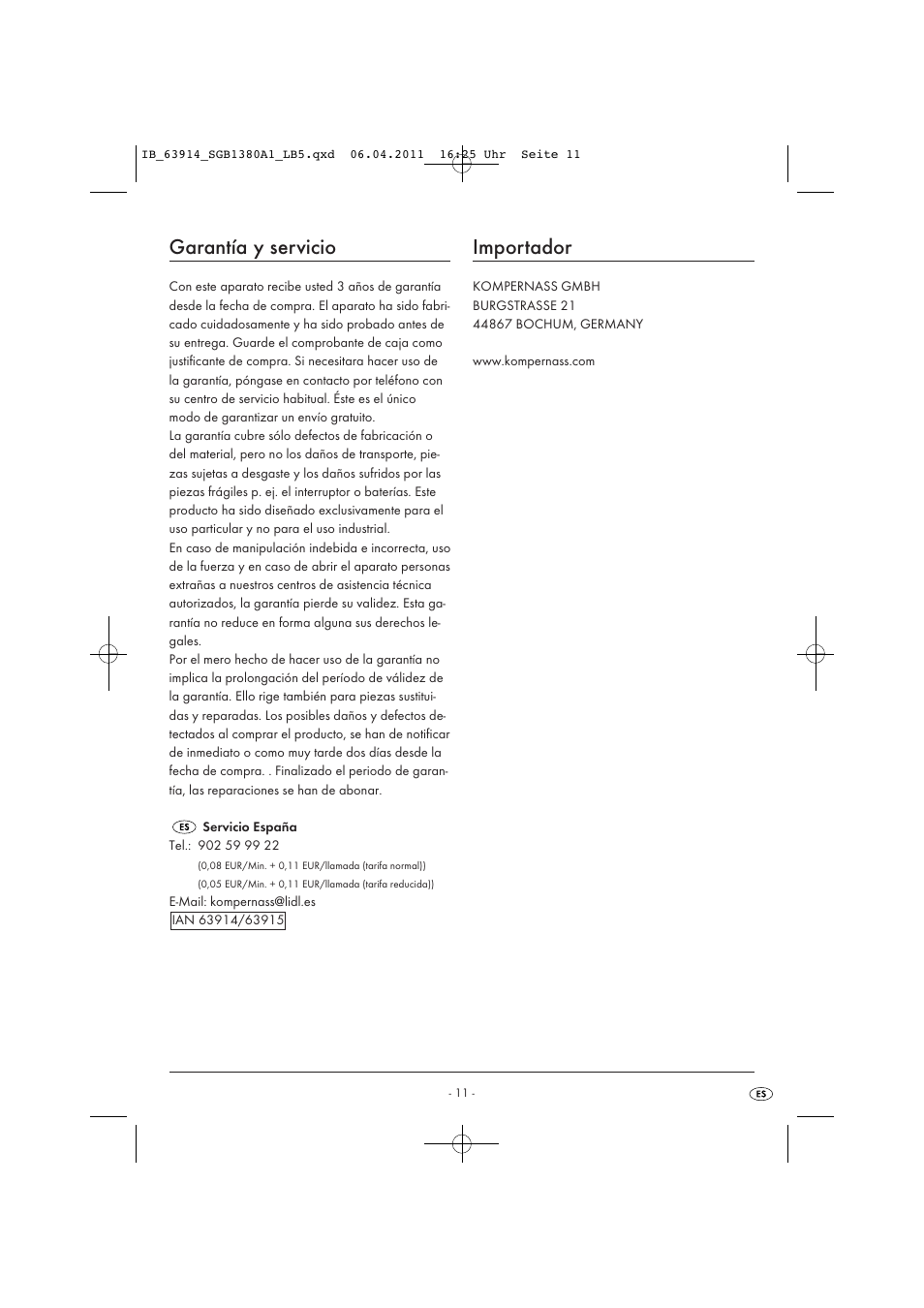 Garantía y servicio, Importador | Silvercrest SGB 1380 B2 User Manual | Page 13 / 60