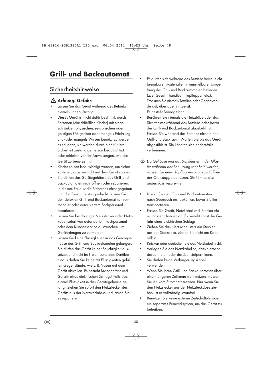 Grill- und backautomat, Sicherheitshinweise, Achtung! gefahr | Silvercrest SGB 1380 B2 User Manual | Page 50 / 60