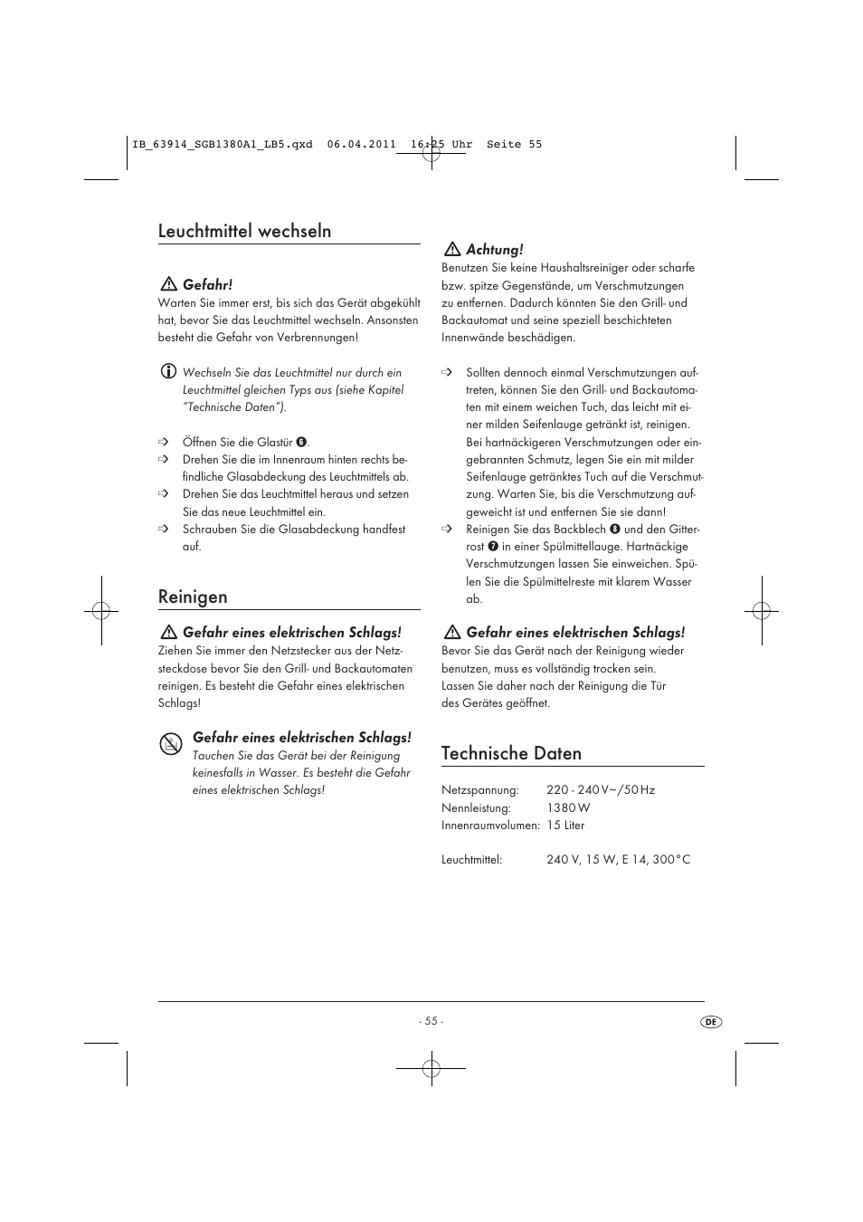 Leuchtmittel wechseln, Reinigen, Technische daten | Gefahr, Gefahr eines elektrischen schlags, Achtung | Silvercrest SGB 1380 B2 User Manual | Page 57 / 60