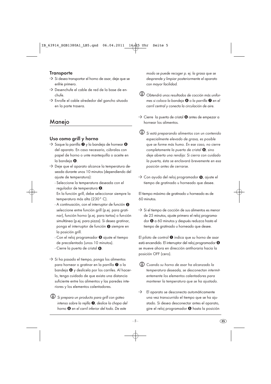 Manejo, Transporte, Uso como grill y horno | Silvercrest SGB 1380 B2 User Manual | Page 7 / 60