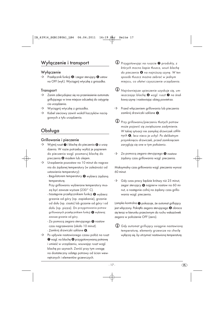 Wyłączenie i transport, Obsługa, Wyłączenie | Transport, Grillowanie i pieczenie | Silvercrest SGB 1380 B2 User Manual | Page 19 / 86