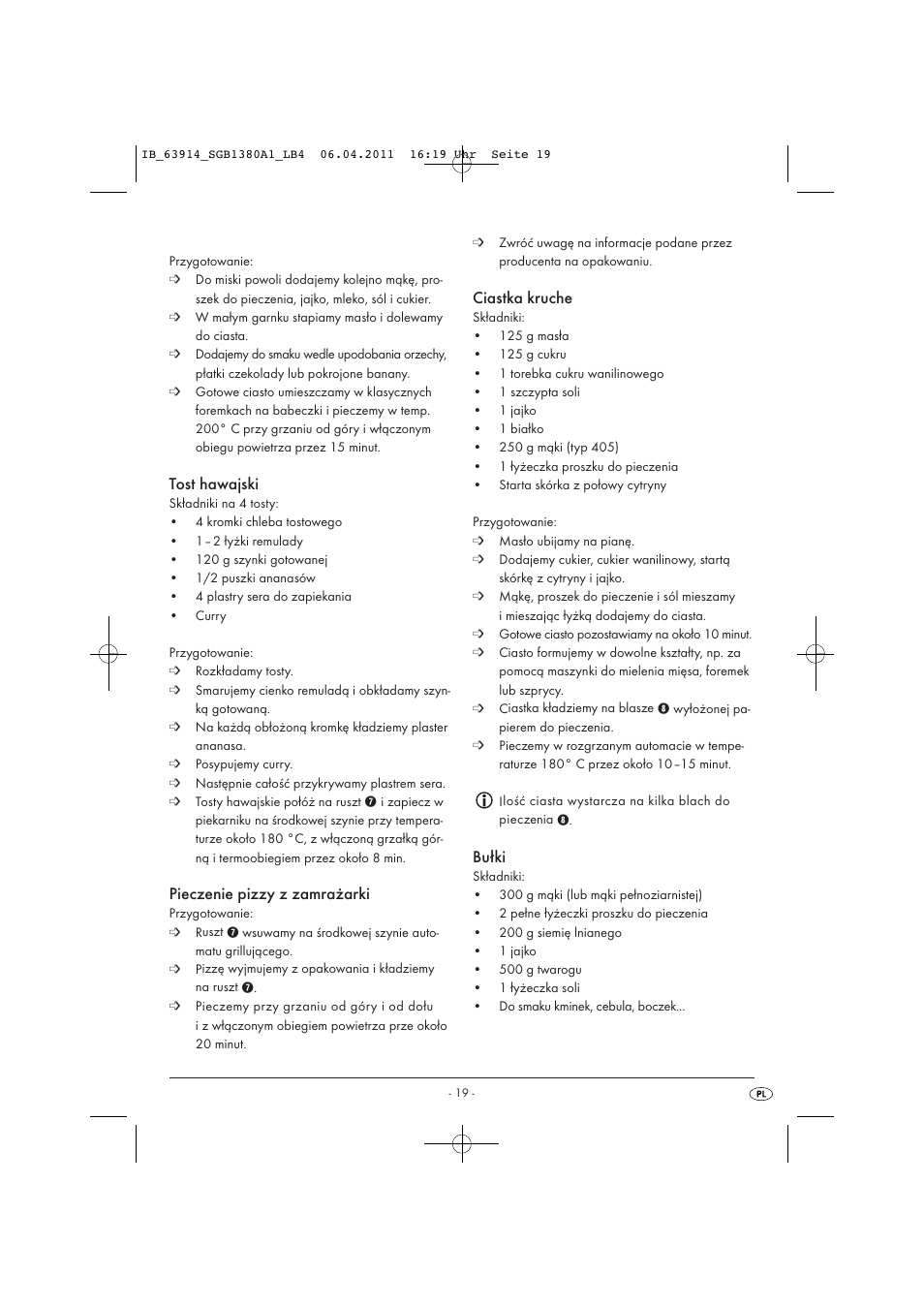 Tost hawajski, Pieczenie pizzy z zamrażarki, Ciastka kruche | Bułki | Silvercrest SGB 1380 B2 User Manual | Page 21 / 86