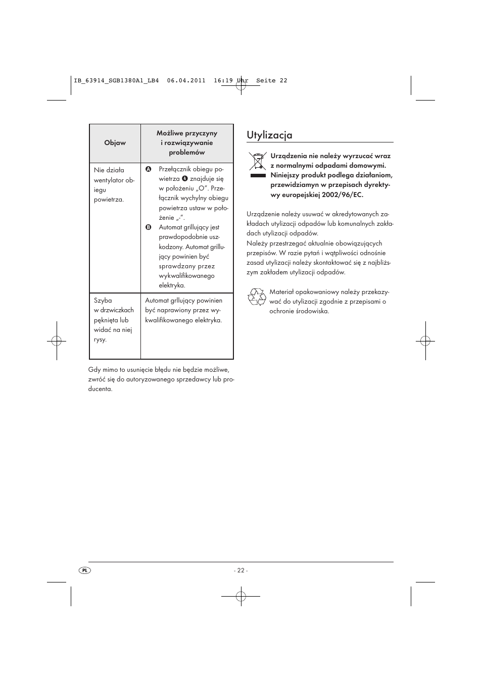 Utylizacja | Silvercrest SGB 1380 B2 User Manual | Page 24 / 86