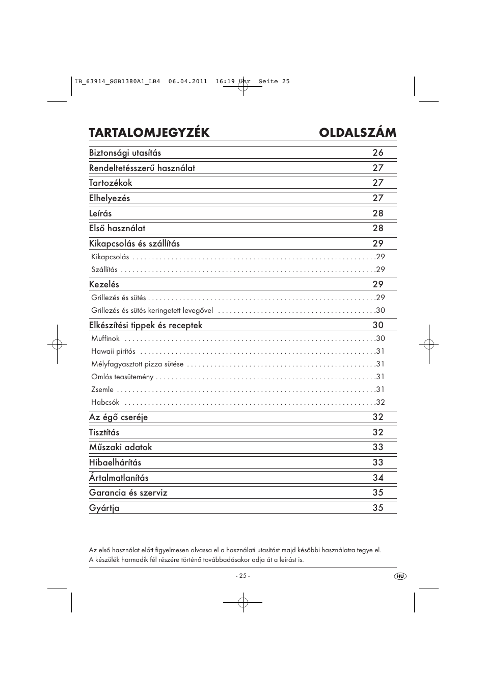 Tartalomjegyzék oldalszám | Silvercrest SGB 1380 B2 User Manual | Page 27 / 86