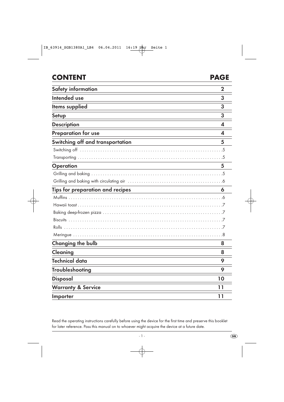 Content page | Silvercrest SGB 1380 B2 User Manual | Page 3 / 86