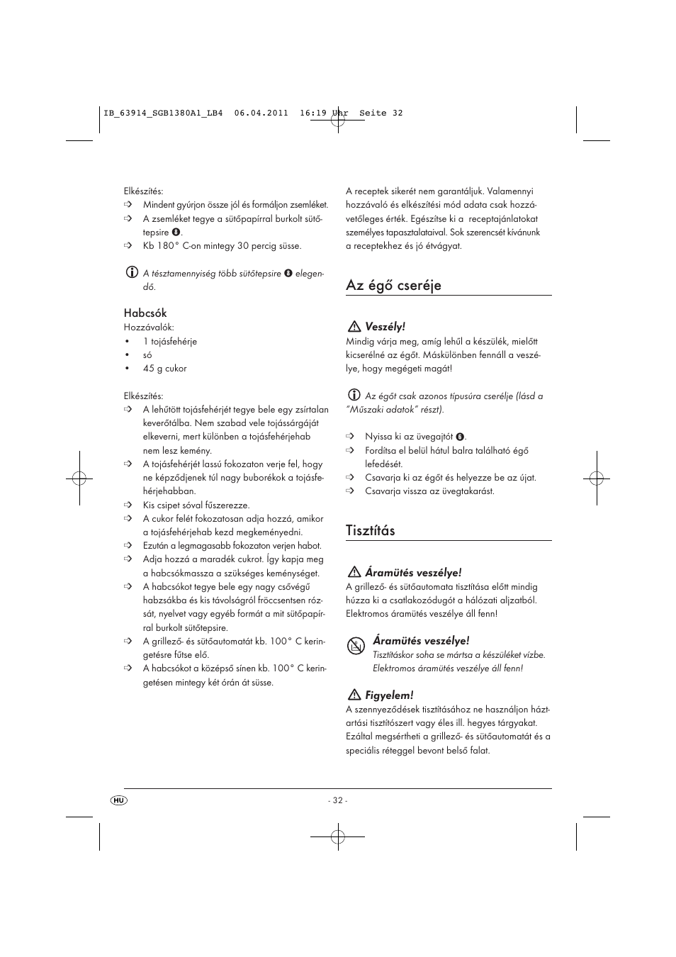 Az égő cseréje, Tisztítás, Habcsók | Veszély, Áramütés veszélye, Figyelem | Silvercrest SGB 1380 B2 User Manual | Page 34 / 86