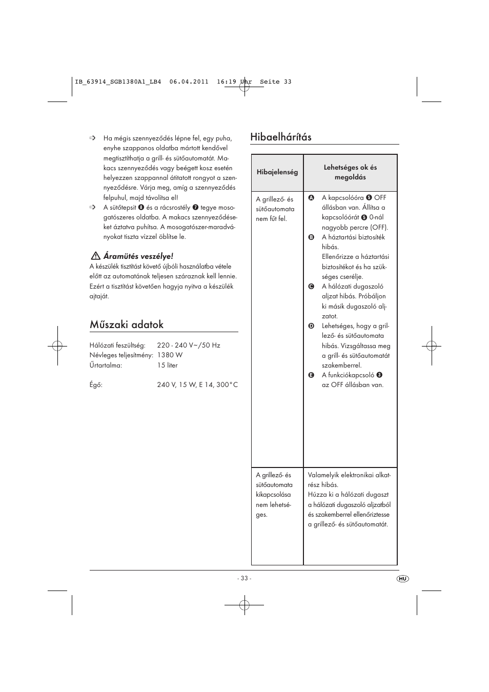 Műszaki adatok, Hibaelhárítás, Áramütés veszélye | Silvercrest SGB 1380 B2 User Manual | Page 35 / 86