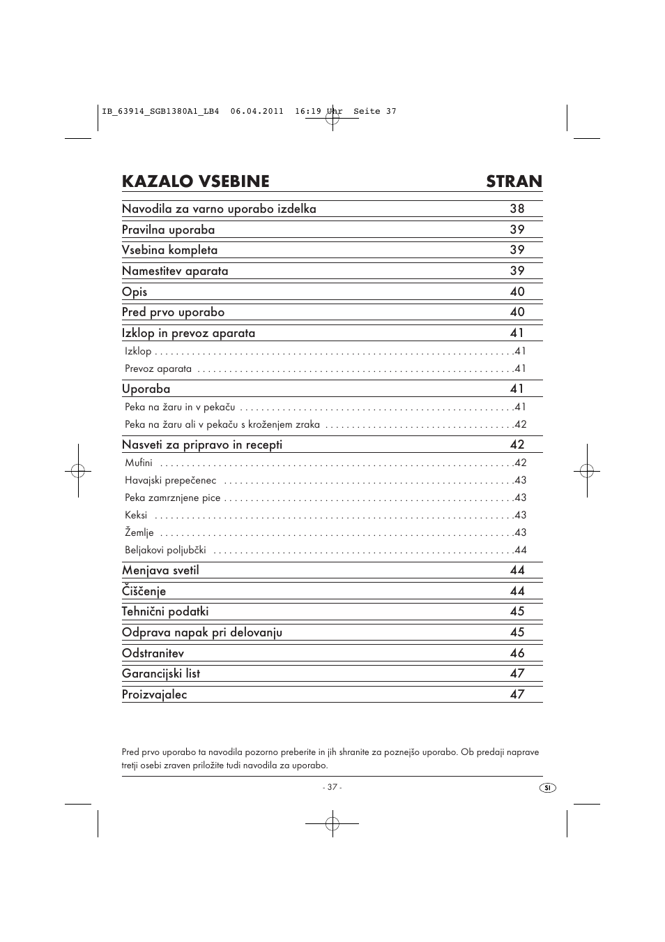 Kazalo vsebine stran | Silvercrest SGB 1380 B2 User Manual | Page 39 / 86