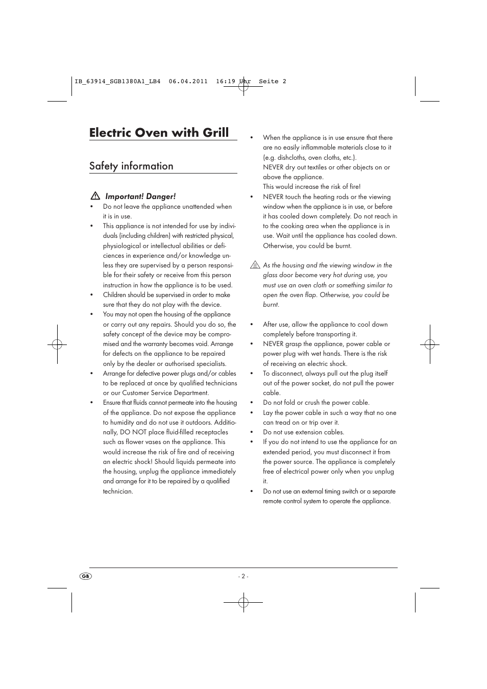 Electric oven with grill, Safety information, Important! danger | Silvercrest SGB 1380 B2 User Manual | Page 4 / 86