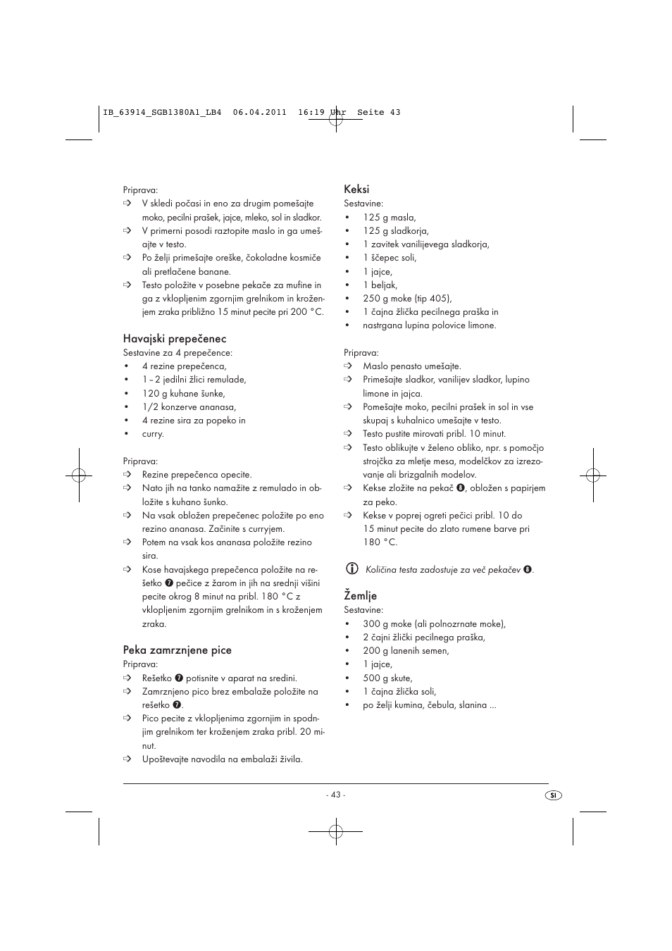 Havajski prepečenec, Peka zamrznjene pice, Keksi | Žemlje | Silvercrest SGB 1380 B2 User Manual | Page 45 / 86