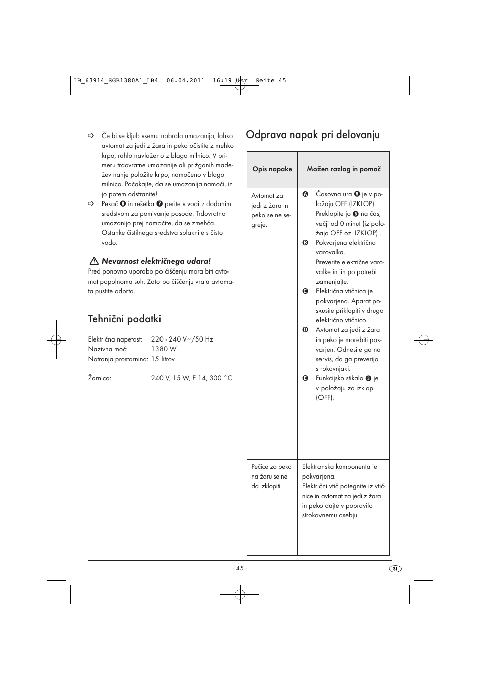 Tehnični podatki, Odprava napak pri delovanju, Nevarnost električnega udara | Silvercrest SGB 1380 B2 User Manual | Page 47 / 86