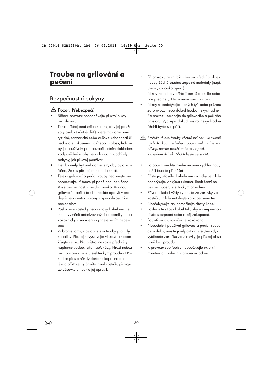 Trouba na grilování a pečení, Bezpečnostní pokyny, Pozor! nebezpečí | Silvercrest SGB 1380 B2 User Manual | Page 52 / 86