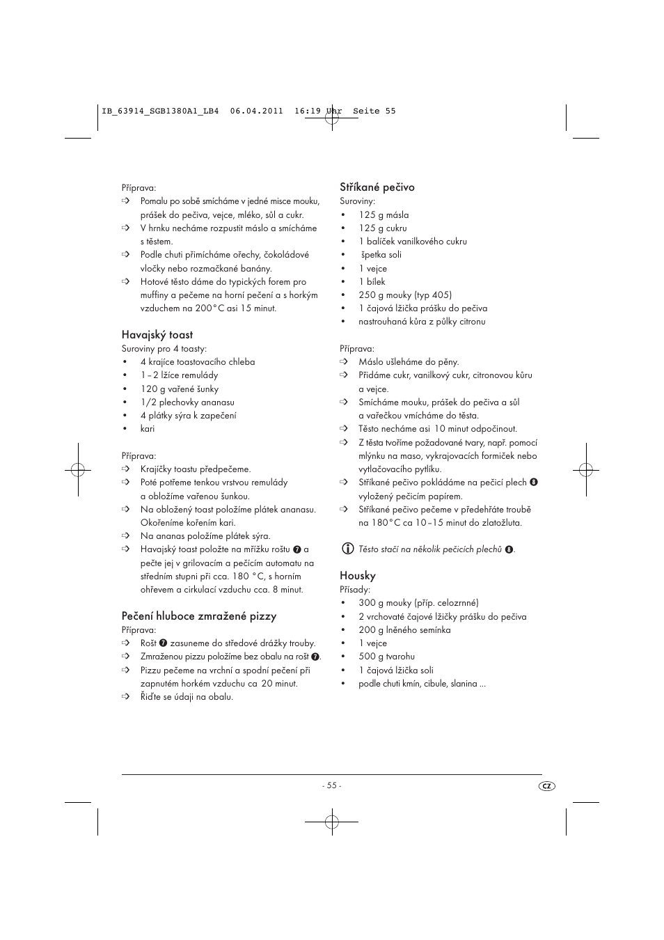 Havajský toast, Pečení hluboce zmražené pizzy, Stříkané pečivo | Housky | Silvercrest SGB 1380 B2 User Manual | Page 57 / 86